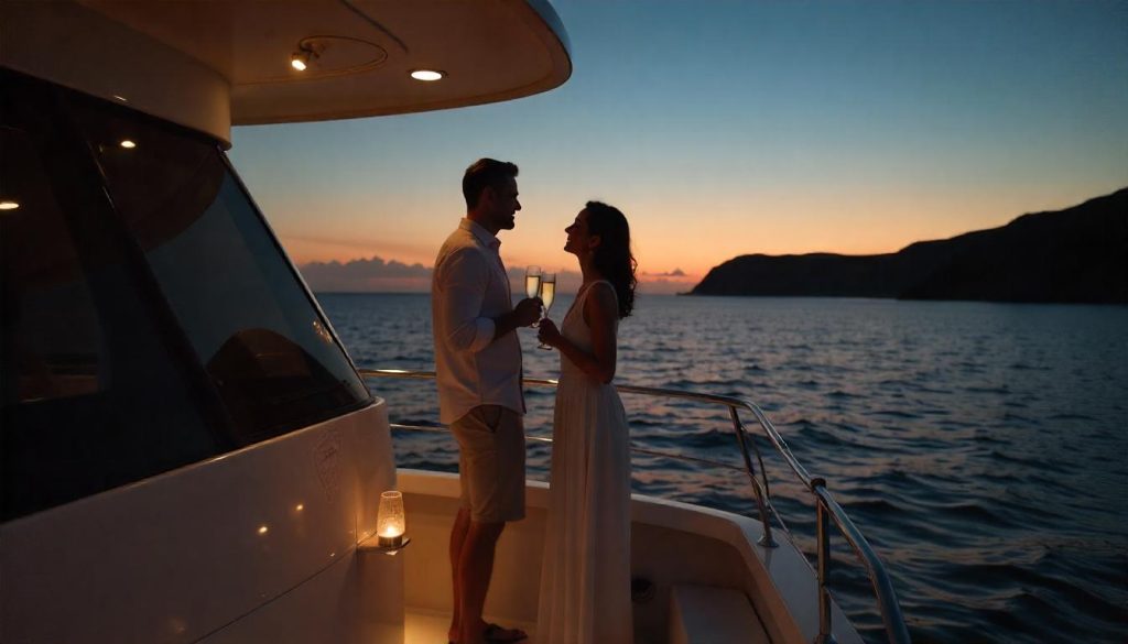 Couple toasting during marriage proposal yacht arrangement in Hawaii.